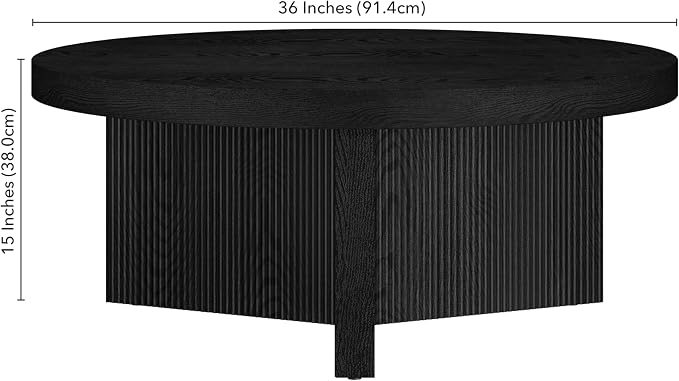 Henn&Hart 36" Fluted Round Low-Profile Coffee Table with Ribbed Pedestal Base for Living Room, Family Room, or Office, Natural Black