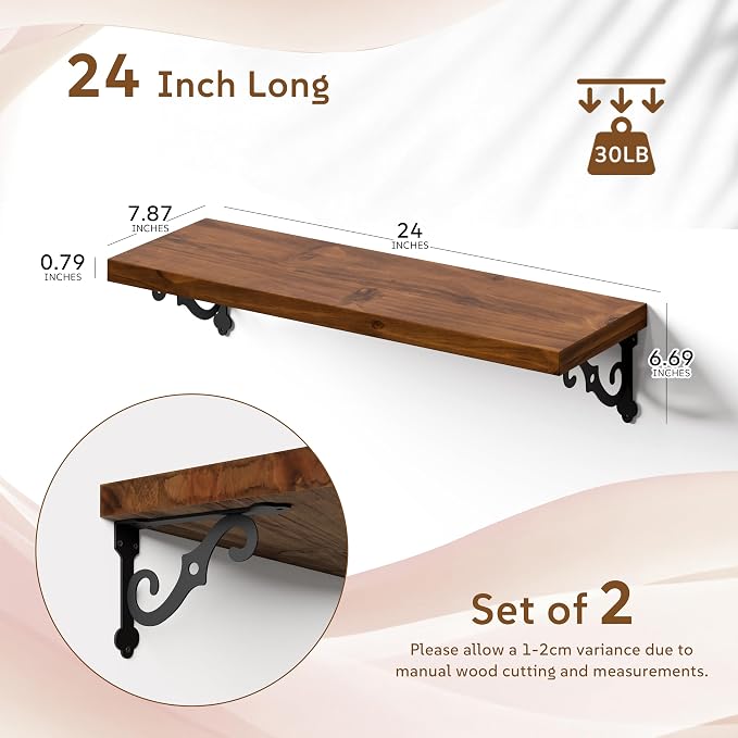 24 Inch 2 Tier Solid Wood Floating Shelves for Wall with Metal Brackets | 24 inch solid pine shelves, 2 tier, walnut finish, metal brackets for books, decor and home storage