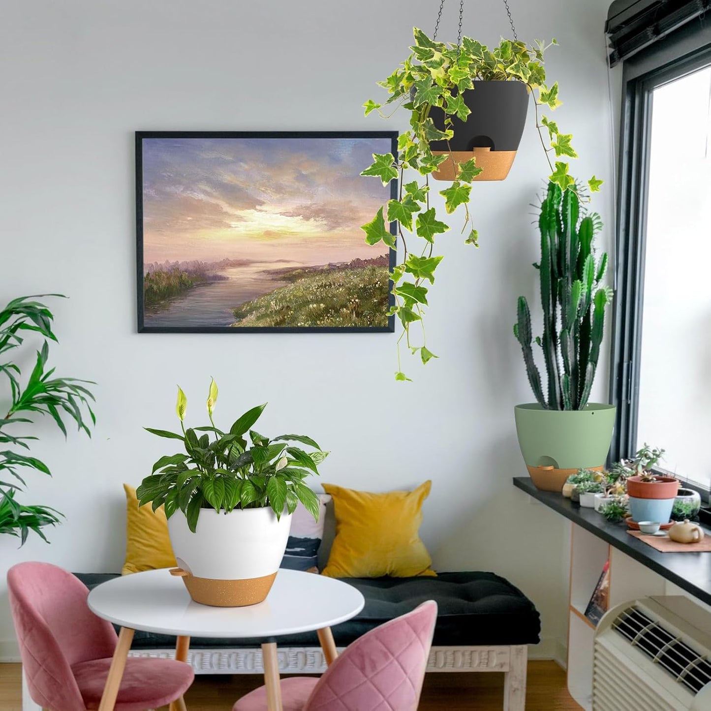 ZMTECH 12 Inch Hanging Planters for Indoor Outdoor Plants, 1 Pack Self Watering Hanging Plant Pots with Drainage Holes and Removable Saucer, Plastic Flower Hanging Pots with Watering Lip (Black)