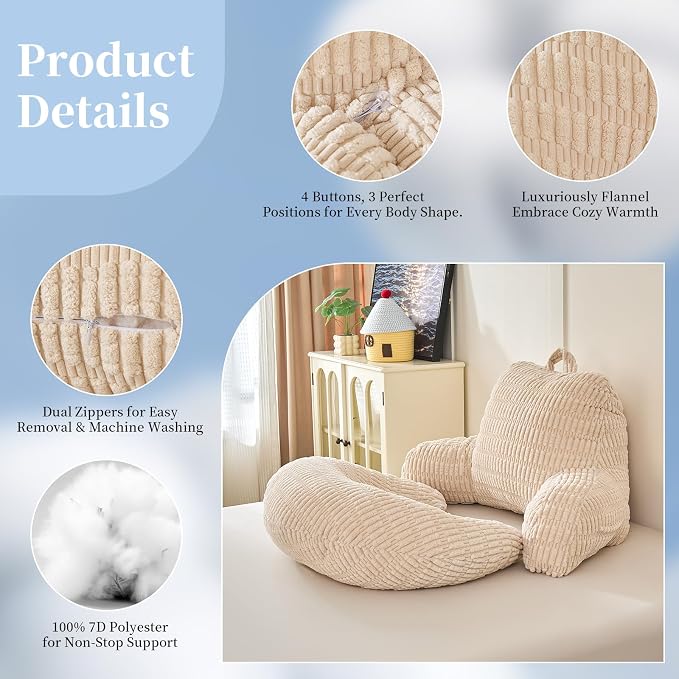 19" Reading Pillow for Bed,U Shaped Arm & Elbow Support,White Corduroy | Backrest Supports Back,U Shaped Lap Pillow Cushions Arms,Elbows & Wrists,Ribbed Corduroy for Reading,Gaming,Watching TV