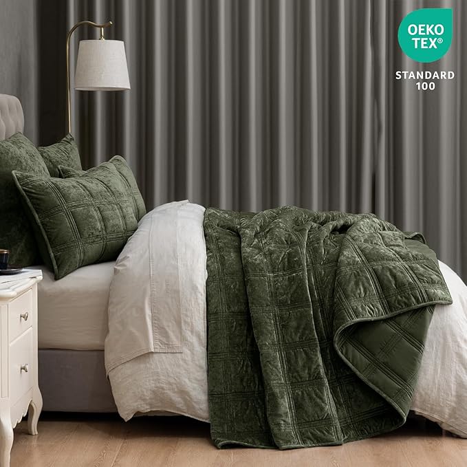PHF Ultra Soft Velvet Quilt Set King Size – 3PCS Luxurious Cozy Quilted Comforter Alternative with Diamond Pattern, Warm Quilted Bedspread Coverlet, 108" x 92", Smokey Olive