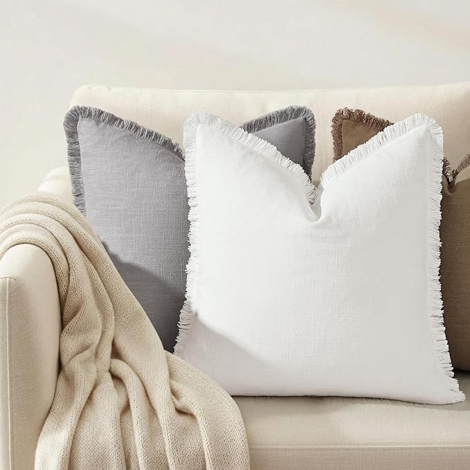 decorUhome Summer Decorative Neutral Linen Fringe Euro Sham Throw Pillow Covers Set of 2 Cream White Pillow Covers with Tassels Soft Farmhouse Boho Accent Pillow Cases for Couch Bed Sofa 24x24 Inch