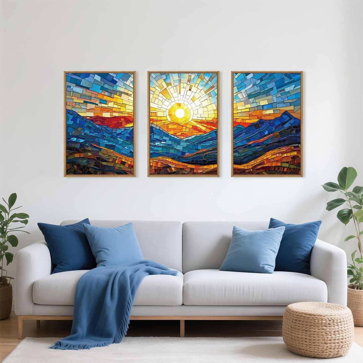 Mountains Framed Canvas Wall Art Set, Modern Abstract Art Painting, Irregular Square Ridge Wall Decor, Sunrise Art Print for Living Room, Bathroom, Bedroom, Office - 16"x24"x3