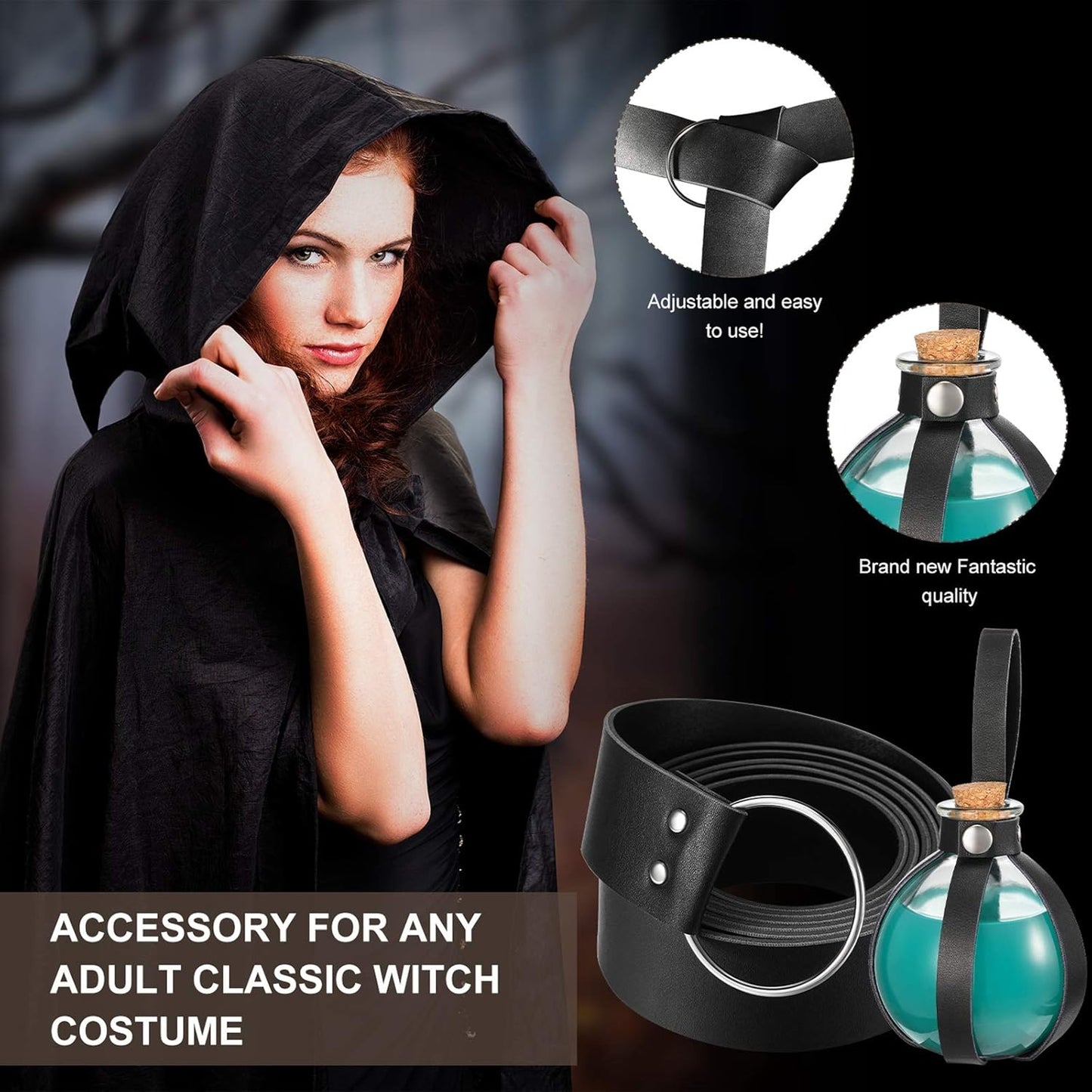 Boao Potion Bottles with Cork Set Dark Magic Cork Round Potion Bottle with Leather Belt Clear Glass Large for Halloween Costume Props DIY Crafts Decorative, 200 ml(Black)