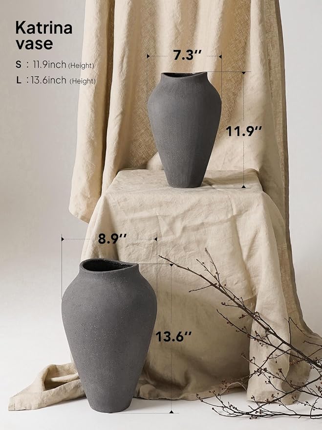 Ceramic Vase - Large 13.6 Inch Tall Floor Vase for Centerpieces, Farmhouse Flower Vases, Rustic Minimalist Home Decor for Living Room, Enterway, Wedding (Sandstone Dark Gray)