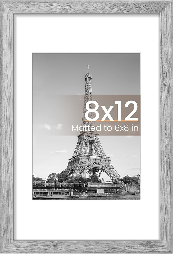 upsimples 8x12 Picture Frame, Display Pictures 6x8 with Mat or 8 x 12 Without, Wall Hanging Photo Frames, Gray, 1 Pack