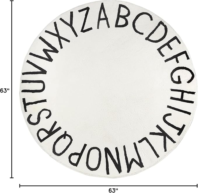 Topotdor Round Kids Play Rug Alphabet Nursery Area Rug Extra Large Soft Crawling Play Mat for Children Toddlers Bedroom (63 inch, White)