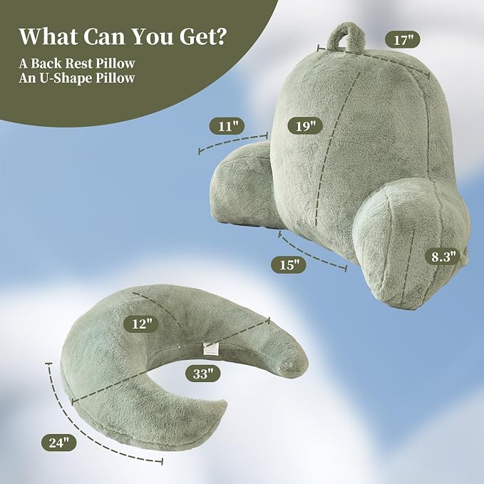 19" Reading Pillow for Bed,U Shaped Arm & Elbow Support,Green Faux Fur | Backrest Supports Back,U Shaped Lap Pillow Cushions Arms,Elbows & Wrists,Plush Faux Fur for Reading,Gaming,Watching TV
