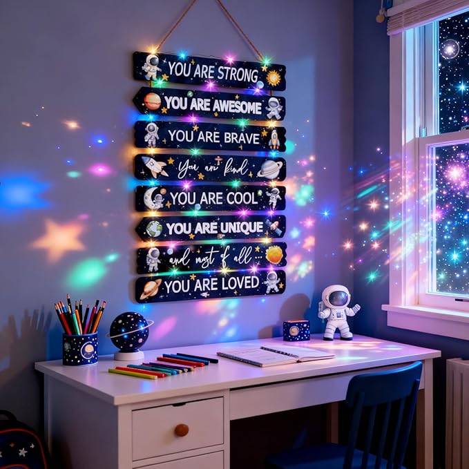 Space Wall Decor with LED Light Bedroom Boy Living Room Decor Inspirational Wall Art for Kids Room Decor Wood Wall Decorations Little Baby Nursery Room Decor Toddler Room Sign