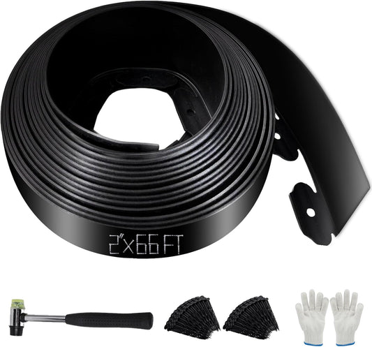 No Dig Landscape Edging 2" x 66FT Kit, Plastic Edging for Landscaping with 200 Spikes, for Garden, Lawn, Flower Beds and Yard, Black