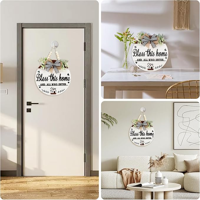3D Bless This Home And All Who Enter Wooden front Door Signs，Door Decorations Hanging,Christian Jesus Home Porch Wall Decor，Spring Wreaths，Door Wreaths for Front Door Outside All Season