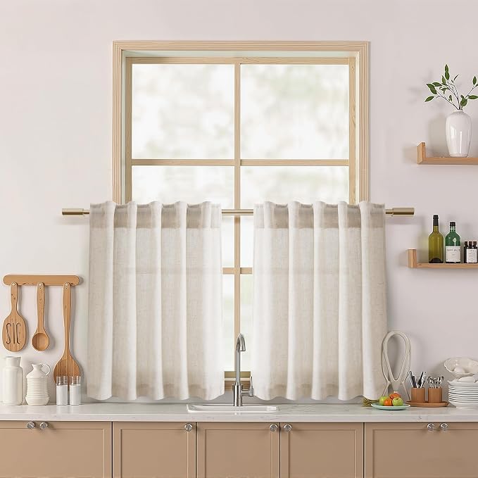 Nanspring Beige Linen Curtains for Kitchen Windows Over Sink - Cafe Drapes Rustic Farmhouse Semi Sheer Curtains with Back Tab and Rod Pocket Short Curtain for Small Window 36 x 24 Inch,2 Panels