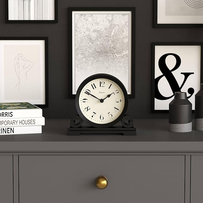 JONES CLOCKS® Saloon Mantel Clock | Small Traditional Double Scroll Design | Black | Contemporary Classic Style for Desk, Table, Shelf or Bedside