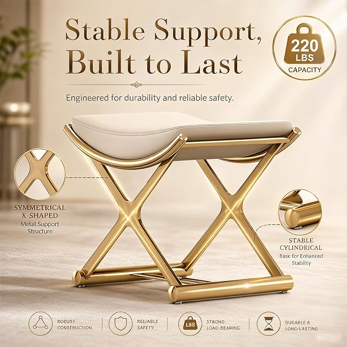 Makeup Vanity Stool Chair, Small Leather Upholstered Ottoman with Cushioned Seat and Metal X-Frame for Vanity Desk, Bathroom, Bedroom and Dressing Room, Gold