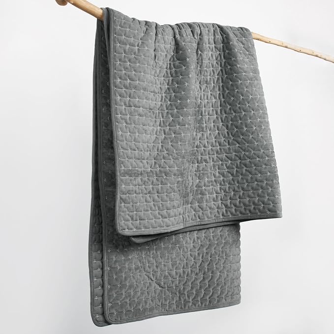Levtex Home - Velvet Stitch Throw - Quilted Throw (50x60in.) - Velvet - Grey White - Reversible - Polyester
