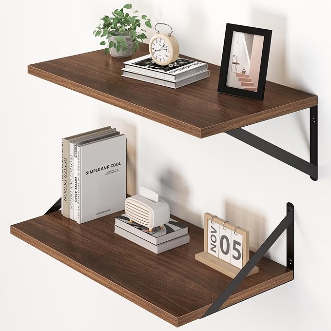 Heimlove 12 Inch Deep Floating Shelves for Wall, 20W x 12D Wood Wall Shelves Set of 2, Walnut Wide Floating Bookshelf for Living Room, Kitchen, Office, Bedroom, with Black Metal Bracke - Walnut