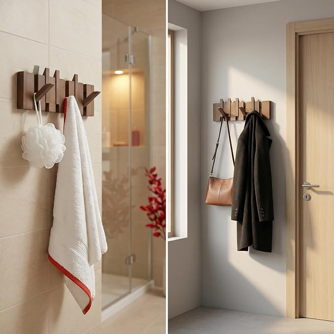 16.9" Wooden Piano Key Coat Rack Wall Mounted, 6 Hooks Natural Walnut Wall Coat Rack, Wall Mounted Coat Rack for Hanging Coats/Hats/Keys/Towels/Bags
