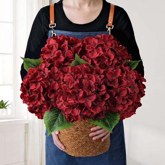JINWOE Red Christmas Flowers Silk Hydrangea Artificial Flowers, 5Pcs 20Inch Large Lifelike Flowers,Halloween Artificial Hydrangeas for Bouquet Table Centerpieces Floral Arrangements Home Wedding
