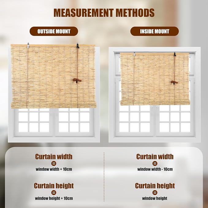Reed Roller Blinds Shades, Vertical Lifting and Breathable Waterproof Design, Sun Shade and Ventilation, Easy Installation,24" Wx64 H