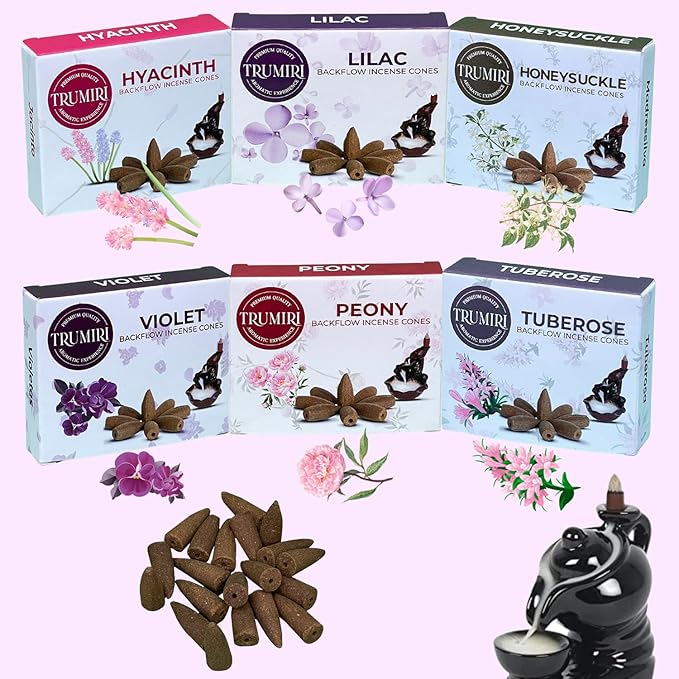 Blossom - Backflow Incense Cones for Waterfall - Scented Inscents-Cones - Peony, Lilac, Hyacinth, Tuberose, Honeysuckle, Violet - Insiensos Aromaticos - 6x10=60 Large Variety Pack