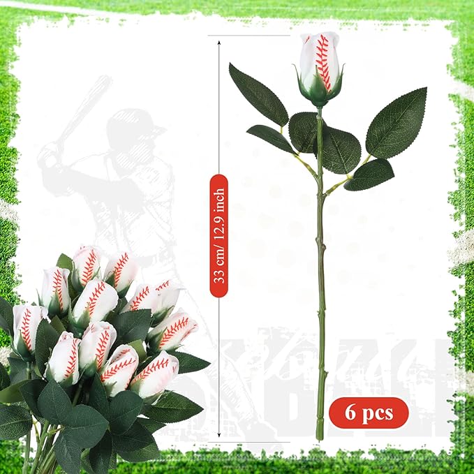 Suhine 6 Pcs Artificial Baseball Rose Flowers Sports Party Favors Bulk for Birthday Graduation Wedding Party Decorations Table Centerpieces Game Prizes Senior Night Gifts(Baseball Color, Normal)
