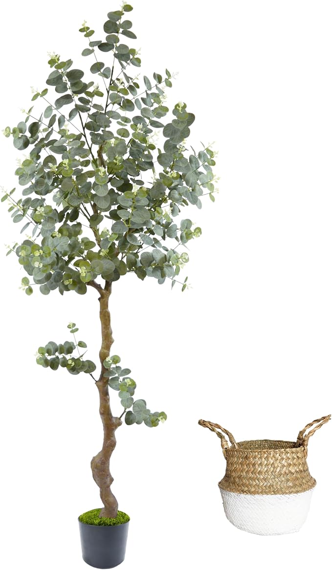 Artificial Eucalyptus Tree 6ft, Faux Plant with Basket, Fake Eucalyptus Trees with White Silver Dollar Leaves, Faux Potted Plants for Home Office Decor Indoor Outdoor