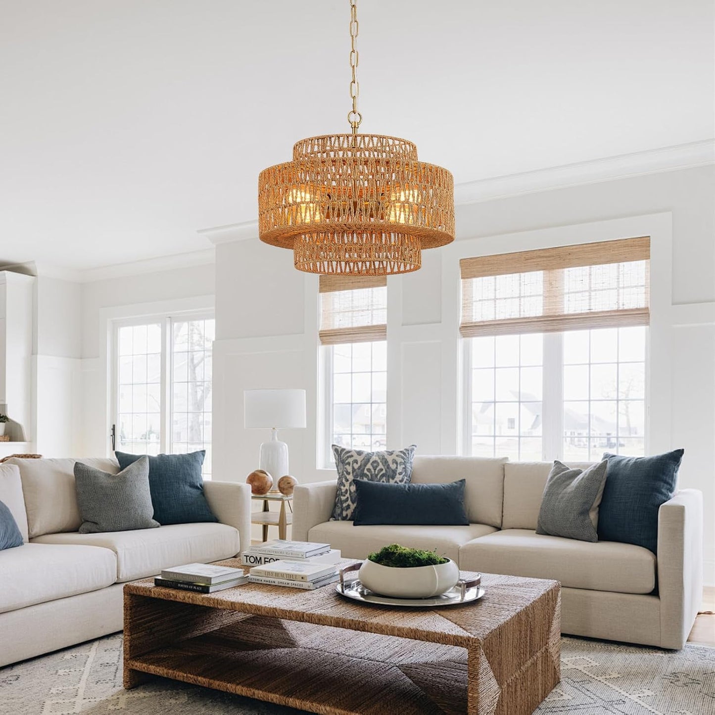 Hand-Woven Rattan Chandelier Vintage 4-Light 17.7" Farmhouse Boho Bamboo Chandelier Light Fixture Retro 3-Tier Drum Wicker Rattan Golden Chandeliers for Dining Room, Kitchen Island, Bedroom