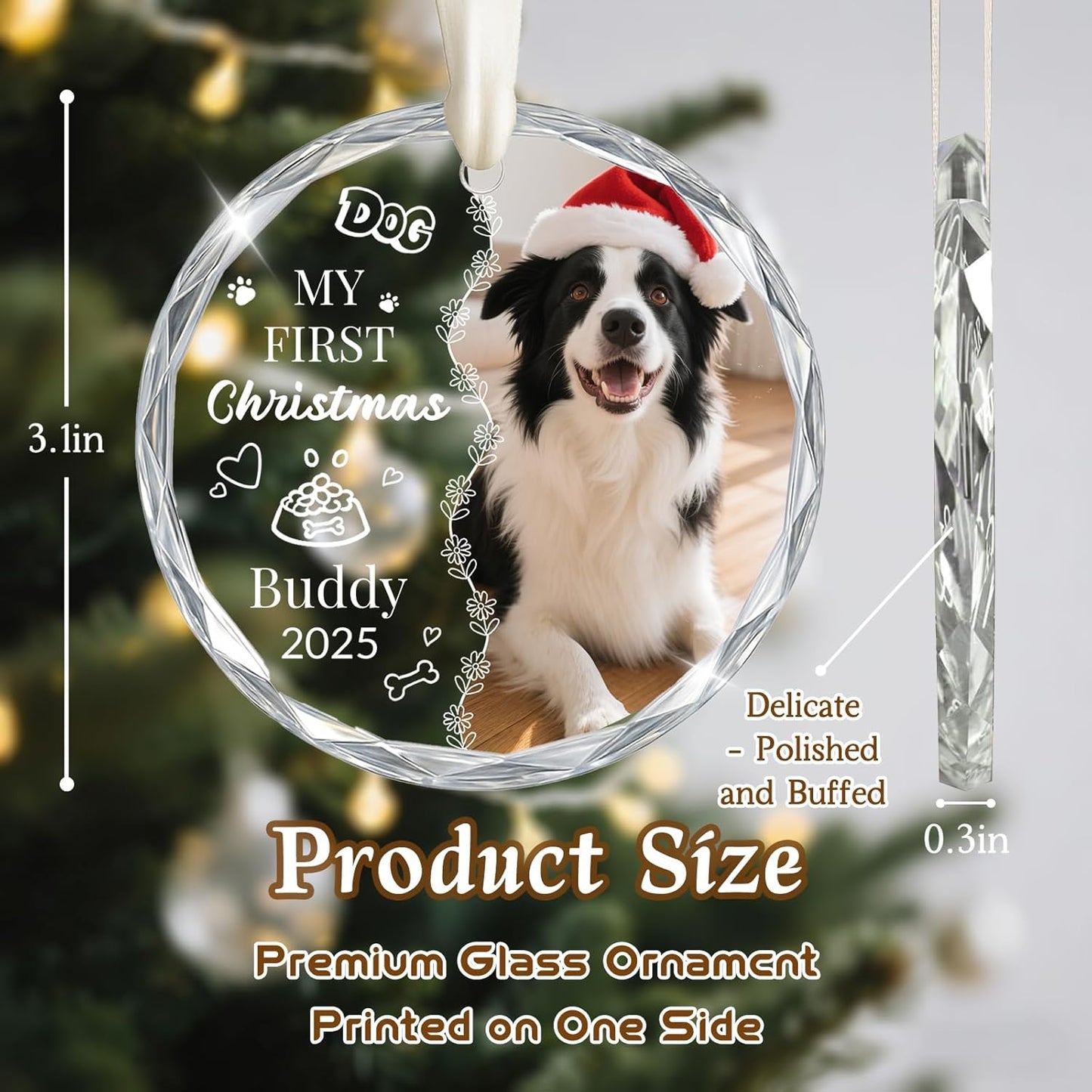 Personalized Dog Christmas Ornaments 2025, Custom Christmas Photo Crystal Glass Ornaments with Name or Date, Personalized Christmas Tree Decor Gifts for Family, Friends,Pet or Newlyweds