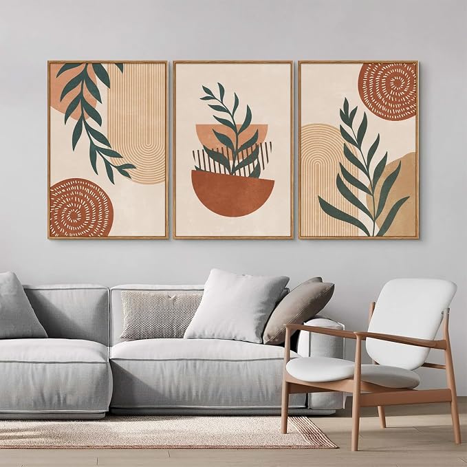 Rantodecor Large Boho Framed Canvas Wall Art Set of 3, Mid Century Modern Wall Decor, Bohemian Beige Geometric Line Art Paintings, Neutral Sage Green Leaf for Bedroom Living Room Office Home 24"x36"