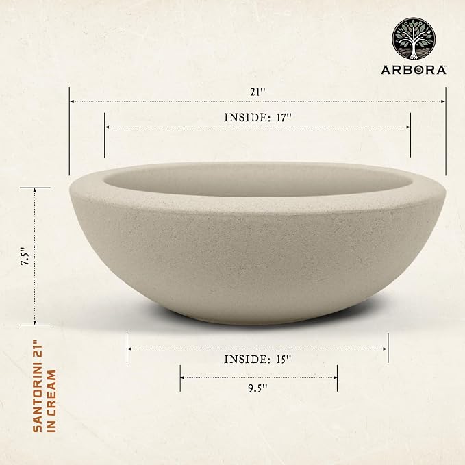 ARBORA 21" Santorini Bowl 2-Pack with Classic Cream Finish - Polyresin Indoor and Outdoor Planters, Durable, Weatherproof, Lightweight, Large Plant Pots for Patio, Garden, Deck, Entryway