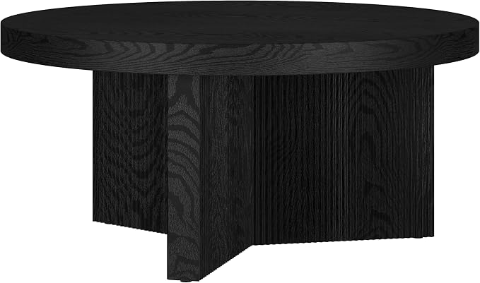Henn&Hart 32" Fluted Round Low-Profile Coffee Table with Ribbed Pedestal Base for Living Room, Family Room, Office, or Apartment, Natural Black