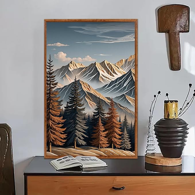 LHIUEM Vintage Landscape Wall Art,Large Wood Wall Art,Carved Wood Wall Decor,Earthy Landscape Canvas Art Prints,Big Snow Mountain Sunrise piciures,Birch Tree Painting for Home Office -24"x36"x3