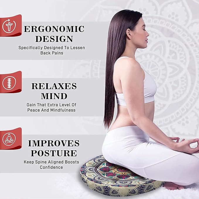 Mandala Meditation Cushion, Boho Meditation Mat, Meditation Pillows for Sitting on Floor, Cushions for Sitting in Home and Outdoor, Round Floor Pillows Cushion Seating for Yoga Accessories 22'' X 22''