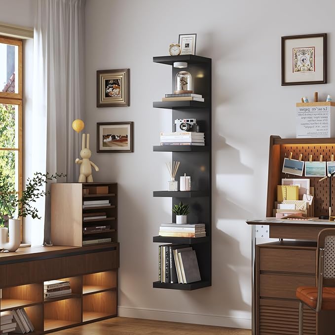 6-Tier Wall Shelf Unit with USB Rechargeable Led Light (Remote Controlled),Versatile Floating Display Shelves,Lack Style Wall Shelves for Bedroom,Living Room,Office Decor,Vanity-Black