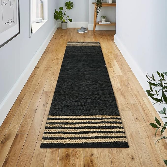 GRUHUM Jute Runner Rug 2'6"x10' ft Black Leather Natural Jute Rug 2.5x10 ft | Handwoven Boho Braided Soft Rustic Vintage Ecofriendly Indoor Rugs for Kitchen Farmhouse Bedroom Hallways Entryways