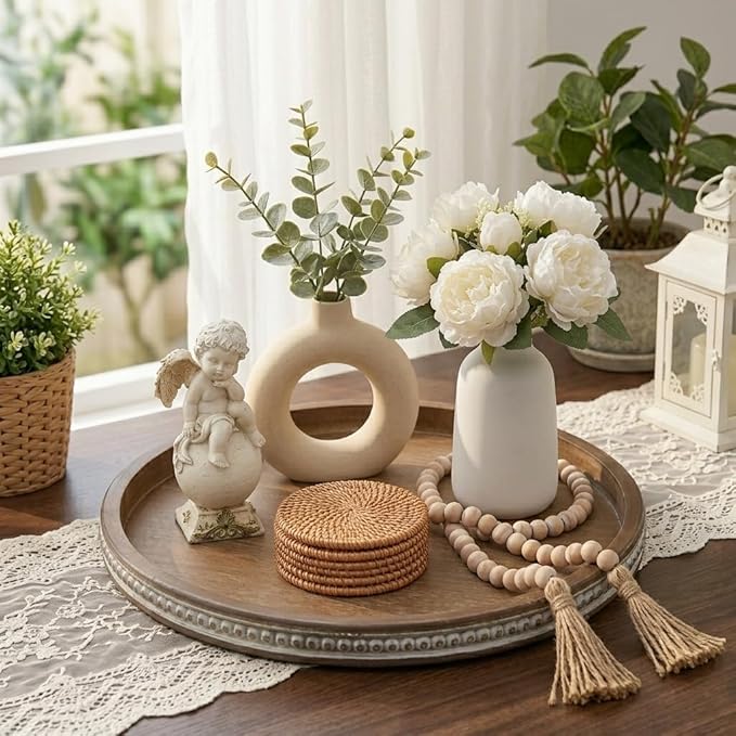Hanobe Large Round Decorative Tray: Farmhouse Neutral Coffee Table Decor Wood Beaded Trays Vintage Ottoman for Home Counter Living Room