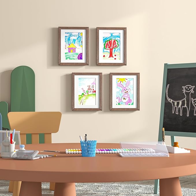 KINLINK 8.5x11 Kids Art Frame Set of 2, Solid Wood Kids Artwork Frames Changeable with Front Opening Hold 150 Pictures, Art Frames for Kids Art with Mat，without Mat 8.5x11 Picture Frame Brown Wood