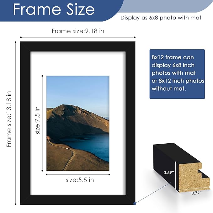 PEALSN 8x12 Picture Frame Set of 6, Display Pictures 6 x 8 with Mat or 8 x 12 without Mat for Wall Mounting or Table Top Display, Photo Frames Collage for Wall Decor, Black