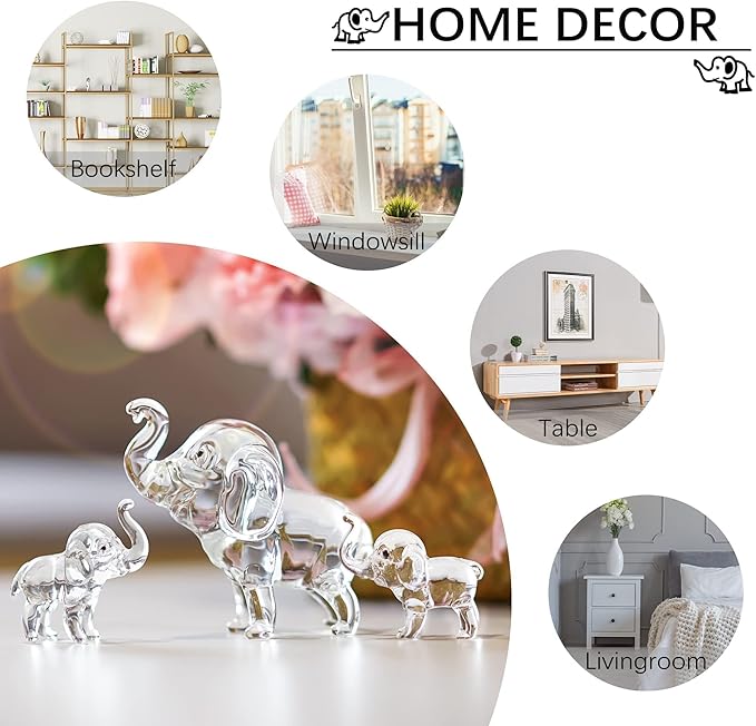 HDCRYSTALGIFTS Set of 3, Crystal Elephant Figurines Collectible Lucky Glass Animals Paperweight Ornament Home Decor Table Centerpiece Gift (3.5'' Mother and 2'' Two Babies)