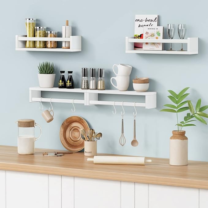 Forbena Floating Nursery Book Shelves for Wall Set of 4, White Wall Bookshelf for Kids Room, Small Wood Book Shelf Bookshelves for Baby Teen Boys Girls Bedoom Bathroom Toy and Decor Storage