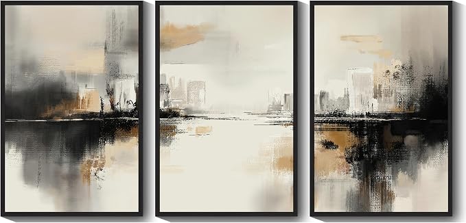 PHOPAGO Black Gray Abstract Landscape Framed Wall Art Huge 24x36in Brown Tan Neutral Wall Decor Minimalist Modern Illustrations Prints Bedroom Home Decor - Black Framed