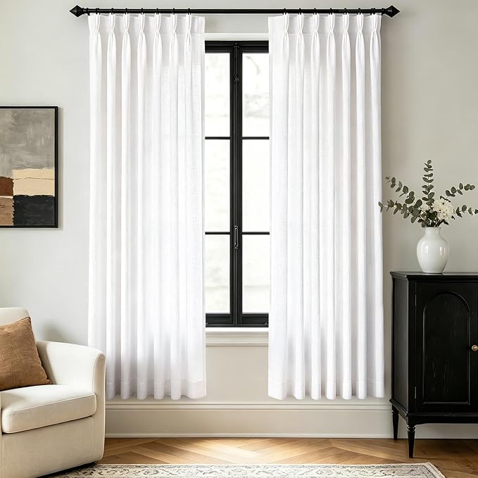 Textured Linen Triple Pinch Pleat Curtains White 40W x 72L Classic Light Filtering Semi Sheer Drapes with Clips Hooks for Balcony Small Living Room Boho Casual Home Decor 2 Panels