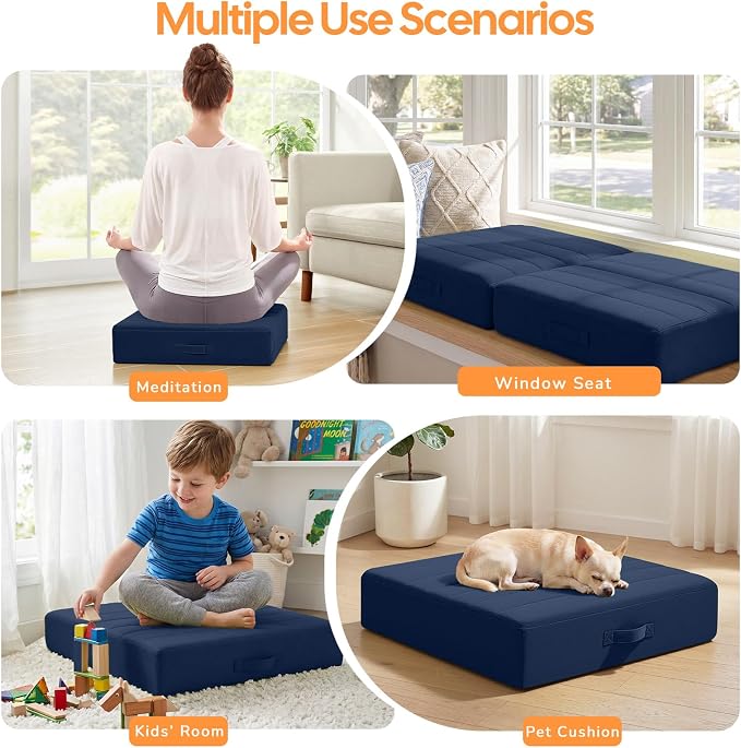 MeMoreCool Square Floor Pillows for Adults Kids, 2 Sets Large Meditation Cushion with 5" Thick Foam and Washable Tufted Cover, 24 Inch Navy Seat Floor Cushions for Sitting and Yoga
