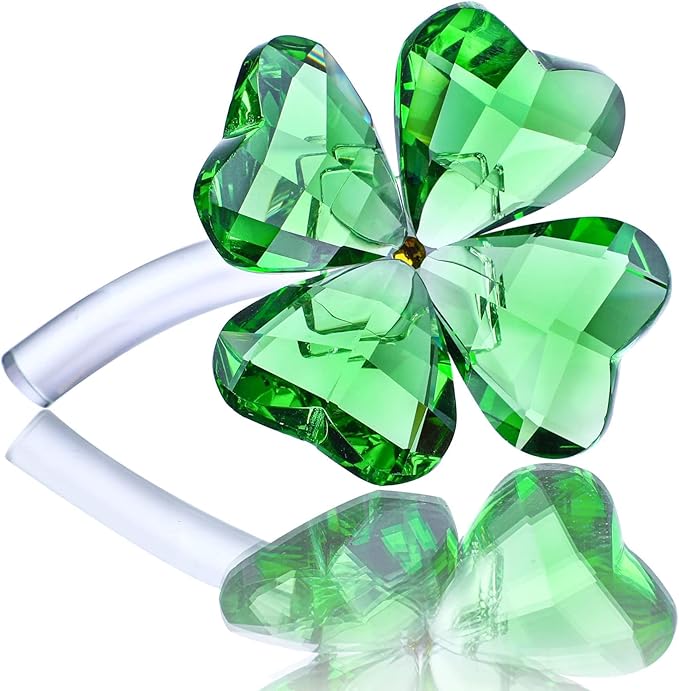HDCRYSTALGIFTS 4'' Crystal Flower Dreams Four Leaf Clover Figurine Collectibles Green Crystal Glass Statue Ornament Lucky for Mom Women Car Table Shelf Decorations,Green