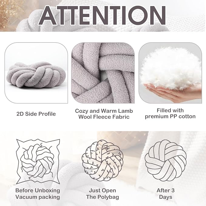 Marsui 2 Pieces Knot Ball Pillows 14 x 14 Inch Decorative Pillow for Couch Bedroom Plush Throw Knot Pillow Soft Handmade Chair Cushion for Living Room Car Decorations (Light Gray)