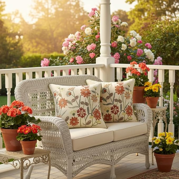 Orange Floral Pillow Covers 18x18 Pack of 2 Embroidered Throw Pillow Covers Vintage Flowers Farmhouse Pillow Cushion Cases Spring Summer Decorative Pillowcases Home Decor Square Pillow Case