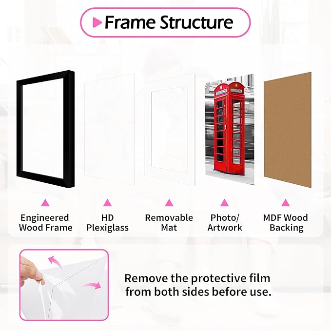 Picture Frames, 11x14 Picture Frames with Mat, 2 Pack Wall Hanging Photo Frame for Office Home Wall Decor, Black Frames with Clear Plexiglass for Posters, Photos & Art Prints