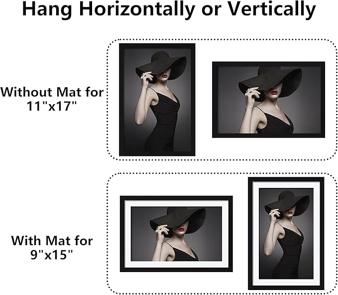 CORE ART 11x17 Picture Frame Set of 4, Display Pictures 9x15 with Mat or 11 x 17 without Mat, Multi Photo Frames Collage for Wall or Tabletop Display, Black