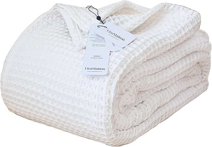 Premium Waffle Throw Blanket California King Size White - 100% Turkish Cotton, Light and Airy Waffle Weave All-Season Quilt - Luxury Decorative Bedspread (White, 95" x 126" Inch)