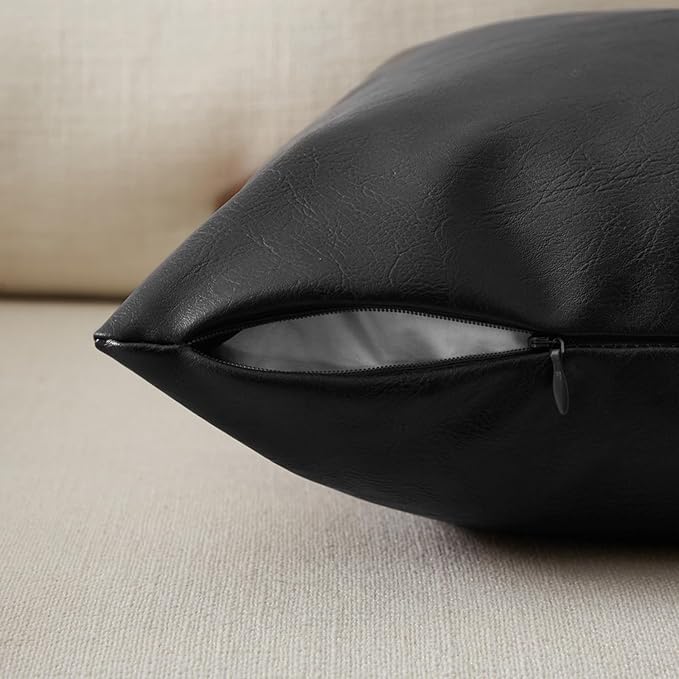 Fancy Homi Black Faux Leather Boho Lumbar Decorative Throw Pillow Covers 12x20 Inch, Thick Modern Solid Cushion Case Set 30x50 cm for Couch Sofa Bedroom Living Room, Rustic Modern Farmhouse Home Decor